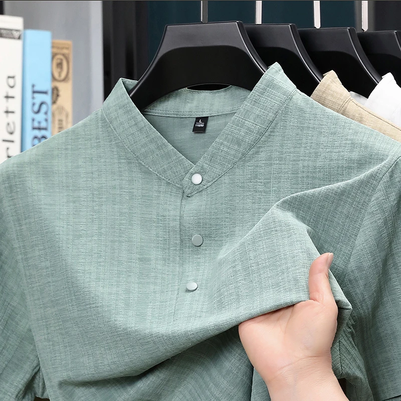 Home Textiles - قميص رجالي صيفي بياقة واقفة وأزرار